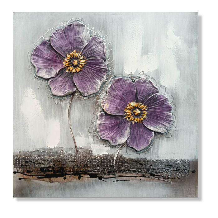 Textured floral painting of two purple flowers on a pale gray background