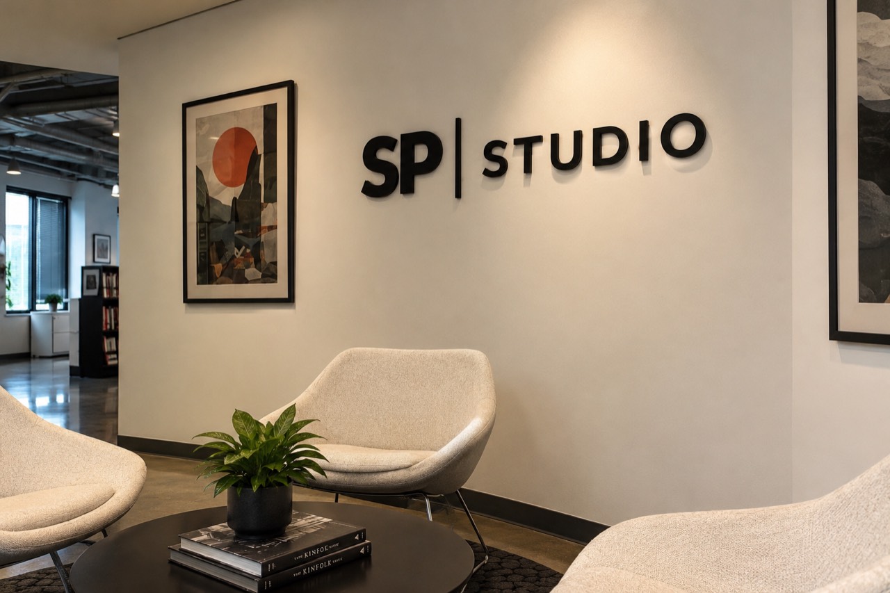 SP Studios sign in the studio's welcoming workspace